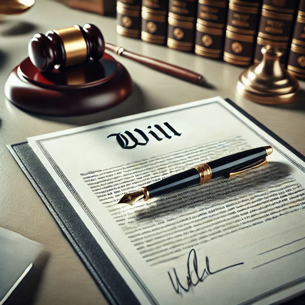 유언장이 책상 위에 놓여 있고, 법적 서류가 옆에 정돈된 모습