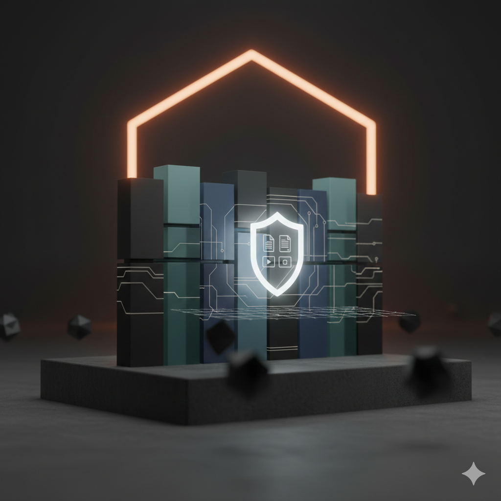 어두운 배경 위로 세련된 다크 블루와 그레이 톤의 데이터 기둥들이 세워져 있고, 그 중앙에는 밝게 빛나는 방패 모양의 보호 아이콘과 문서 기호가 배치된 미니멀한 3D 그래픽 이미지. 배경에는 요새를 암시하는 육각형 빛의 라인이 은은하게 빛나고 있다