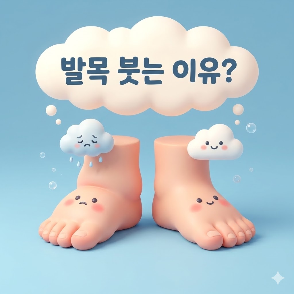 귀여운 캐릭터 발목 중 하나가 부어 있고, 그 위에 슬픈 구름이 떠 있는 모습. '발목 붓는 이유?'라는 한글 문구가 있는 삽화.