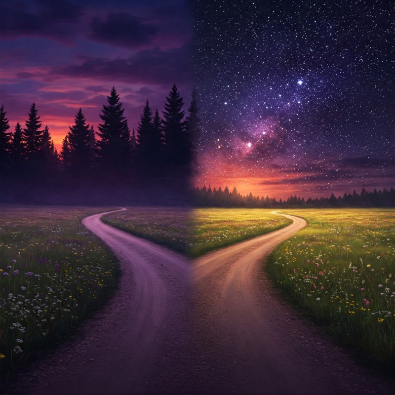 갈림길에서 한쪽은 어두운 숲, 다른 쪽은 밝은 별이 가득한 풍경, 우연과 선택을 상징