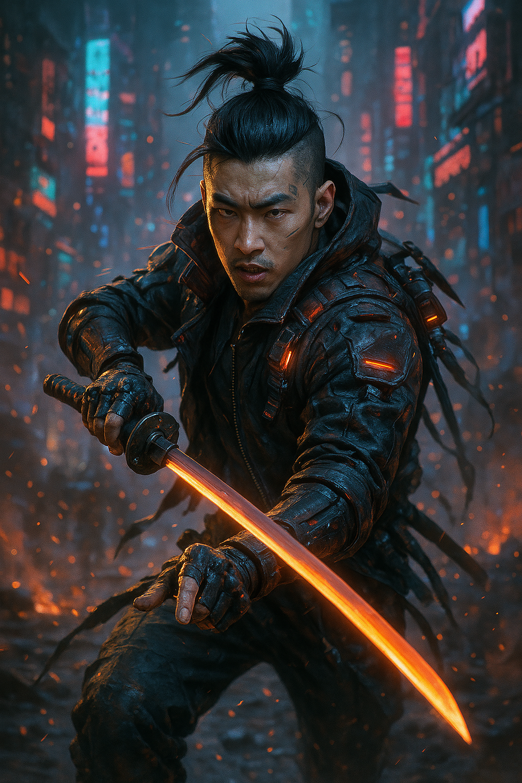 AI로 생성한 사이버펑크 한국의 무사