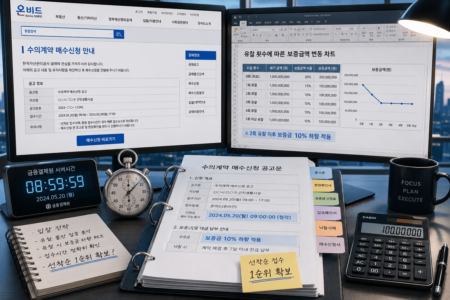 온비드 공매 시스템 화면과 신탁사 수의계약 공고문 서류가 펼쳐진 컴퓨터 데스크 앞에서 스톱워치와 계산기를 활용해 정확한 접수 타임을 체크하는 프로 투자자의 업무 공간 이미지