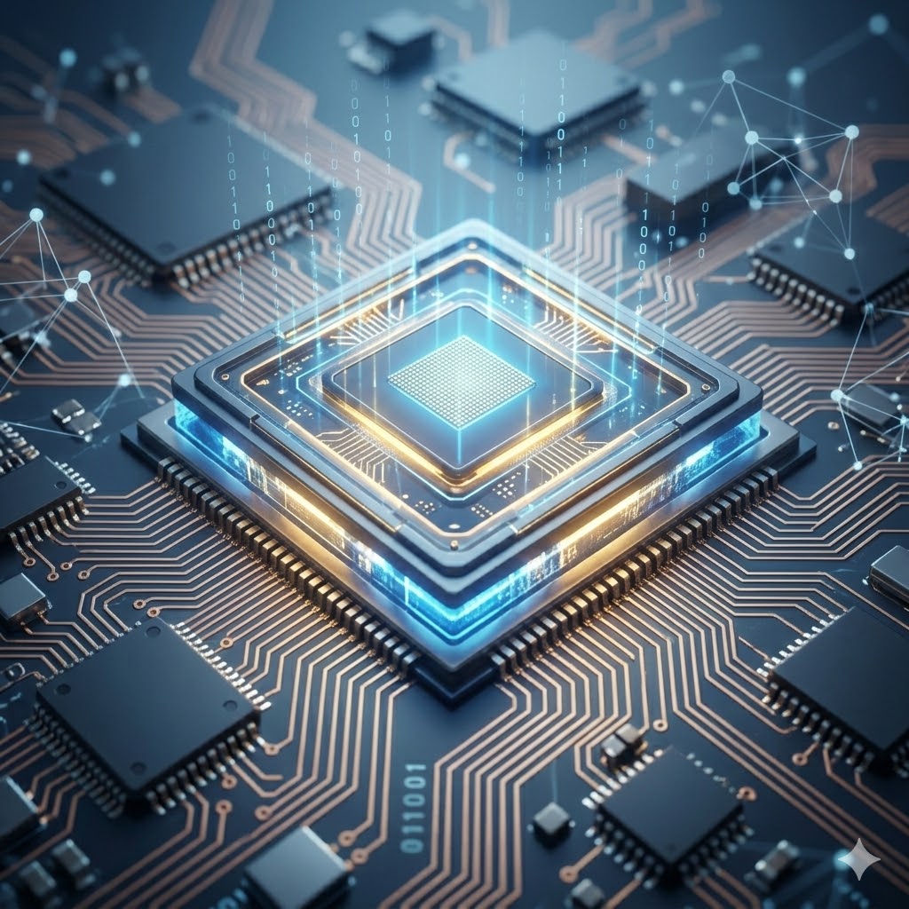Professional conceptual 1:1 3D rendering of a central high-tech semiconductor chip embedded on a circuit board, glowing with integrated blue and gold light and surrounded by abstract network connections, emphasizing localized processing.
