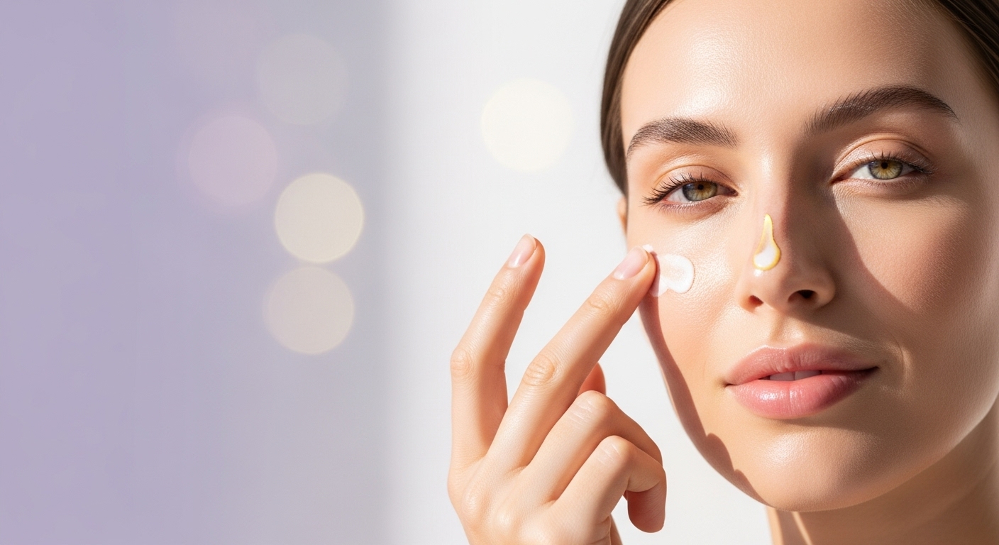 미니멀리스트 스킨케어의 상징인 보라색 배경 앞에서 피부에 선크림을 바르는 건강하고 빛나는 여성의 모습