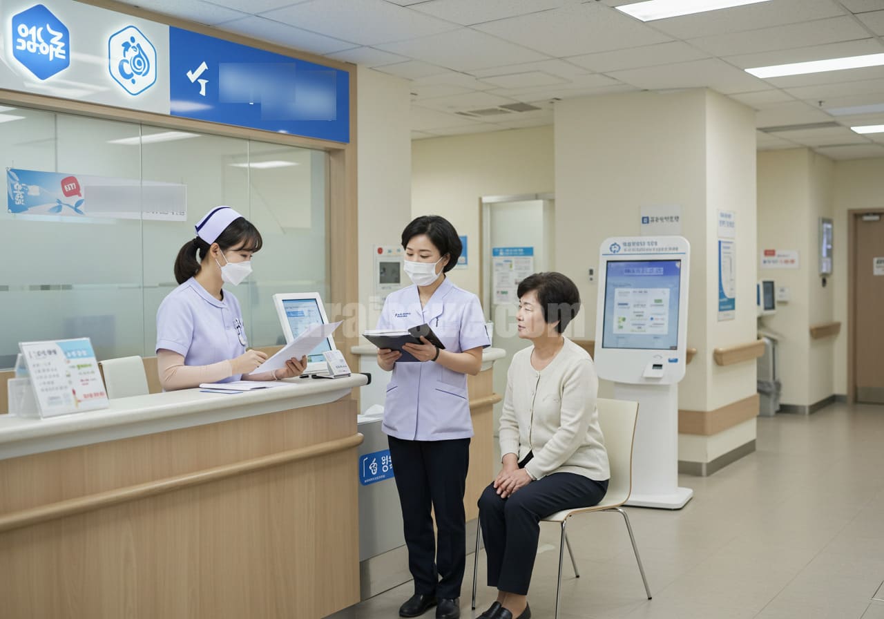 한국 종합병원 접수 공간에서 간호사와 사회복지사가 환자와 보호자에게 재난적의료비 신청 절차를 설명하고 있는 장면입니다. 밝은 조명과 디지털 키오스크가 있는 현대적 병원 환경이며, 실제 진료 연계 과정을 상징적으로 보여줍니다.