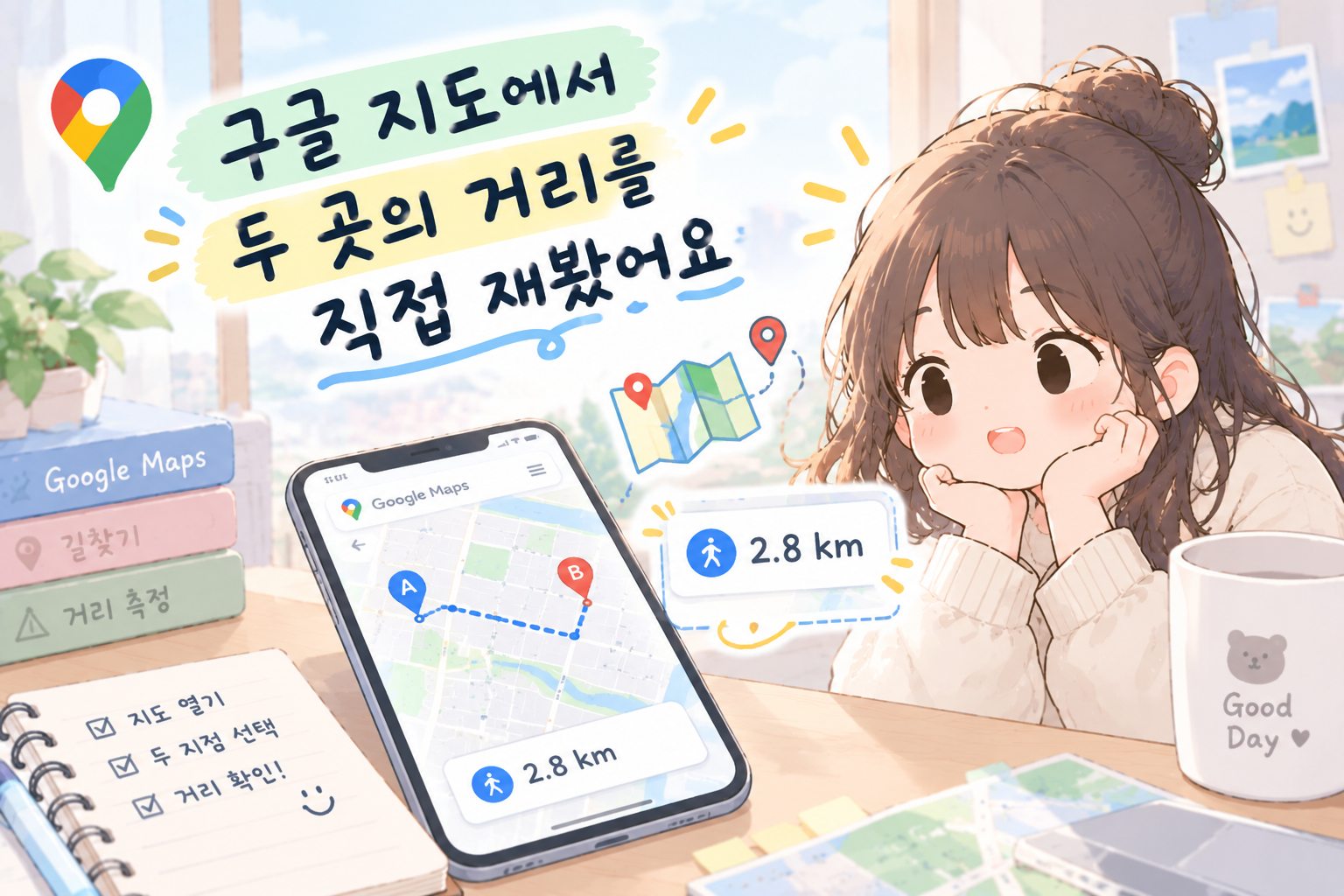 구글 지도에서 두 곳의 거리를 직접 재봤어요