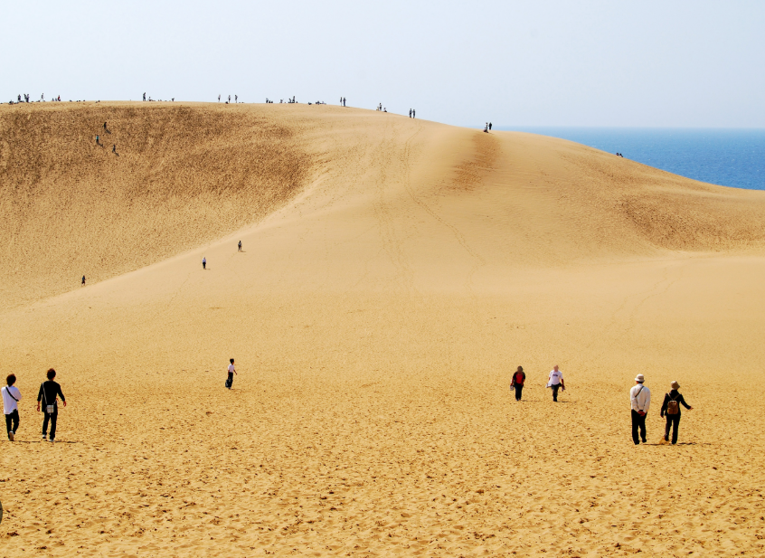 수많은 사람들이 사막을 걷고 있는 사진