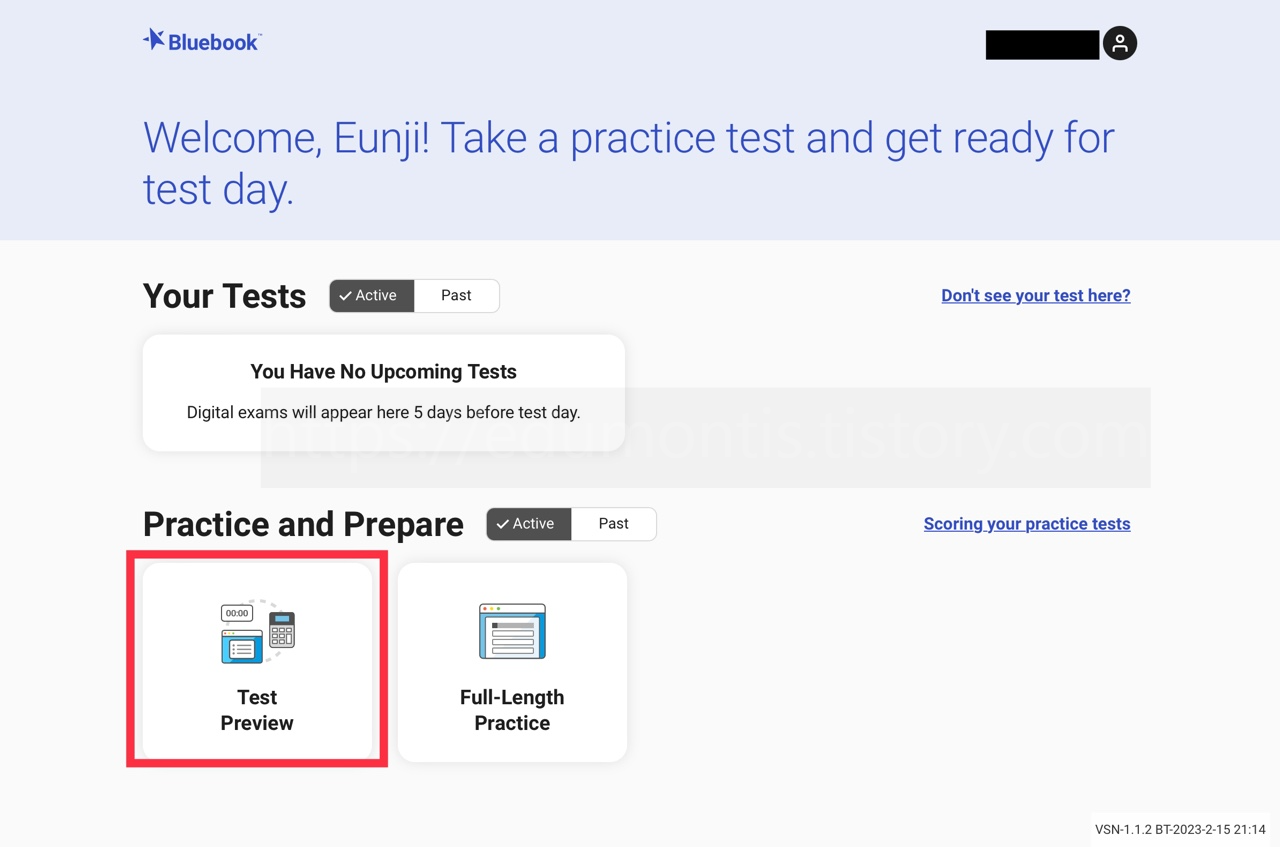 Digital SAT Bluebook 애프ㄹ리케이션 Test Preview 섹션 위치를 보여주는 이미지