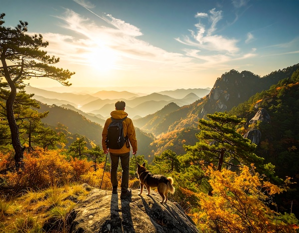 석양 아래 반려견과 나란히 걷는 장면
