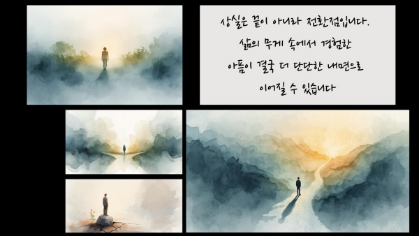 상실은 끝이 아니라 전환점입니다. 삶의 무게 속에서 경험한 아픔이 결국 더 단단한 내면으로 이어질 수 있습니다에 관한 그림