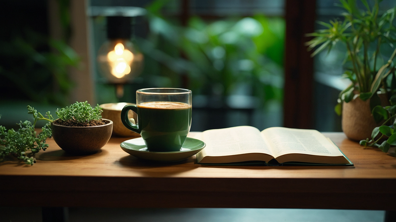 a warm cup of tea and an open book