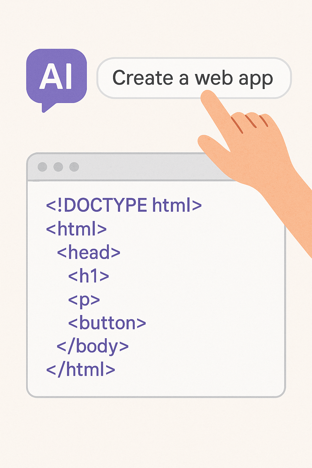 챗창에 웹앱 제작 요청을 입력하자, 아래에 HTML 코드가 자동 생성되는 과정을 보여주는 일러스트