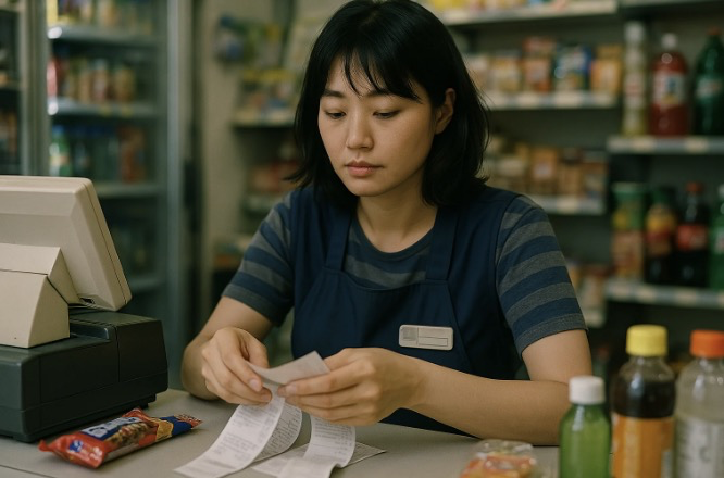 영수증 만지는 편의점 알바생