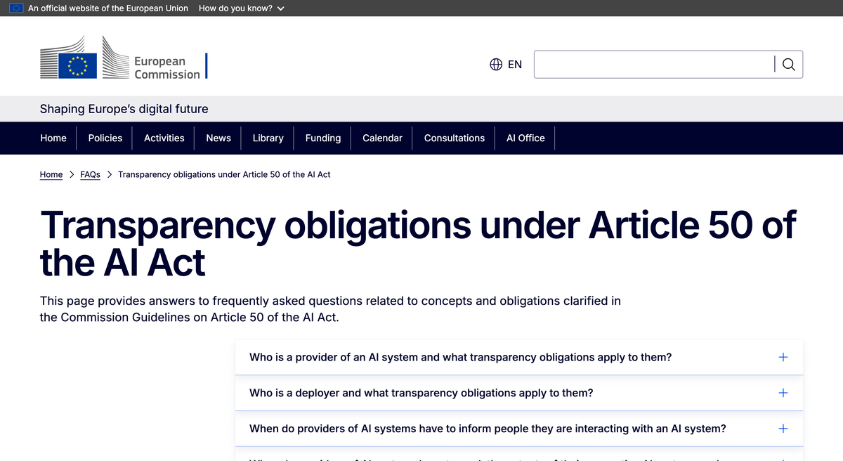 EU 집행위원회 Transparency obligations under Article 50 of the AI Act FAQ 페이지 상단 제목과 투명성 의무 질문 목록 화면