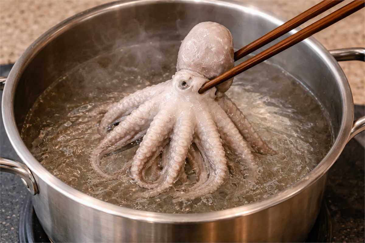 끓는 물에 주꾸미를 짧게 데쳐 표면을 정리하는 모습 