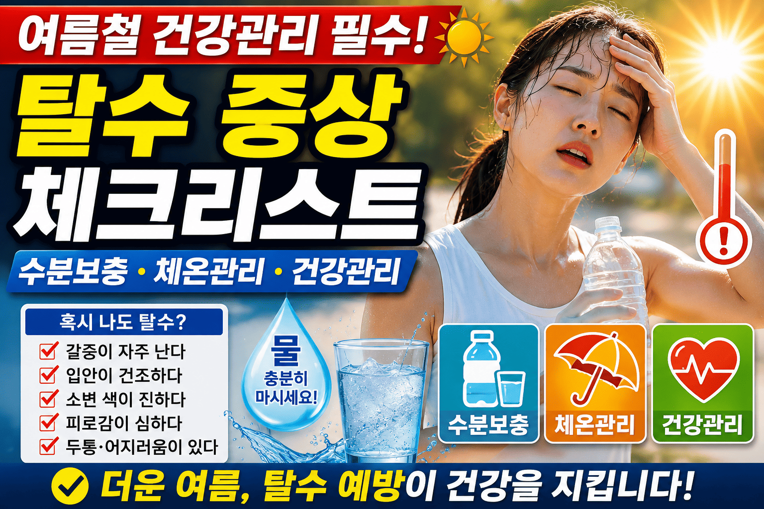 여름철 탈수 증상 체크리스트 (수분보충, 체온관리, 건강관리)