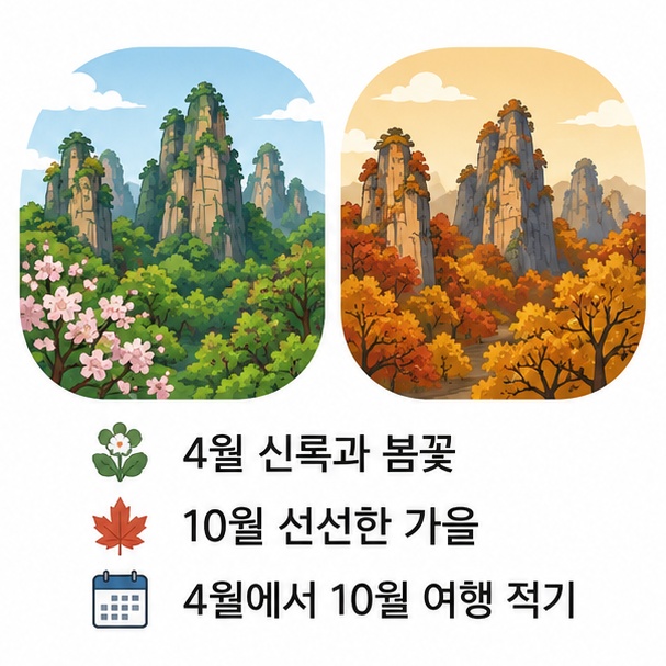 장가계의 4월 신록과 10월 가을 풍경을 비교해 대표적인 여행 적기를 보여주는 그림