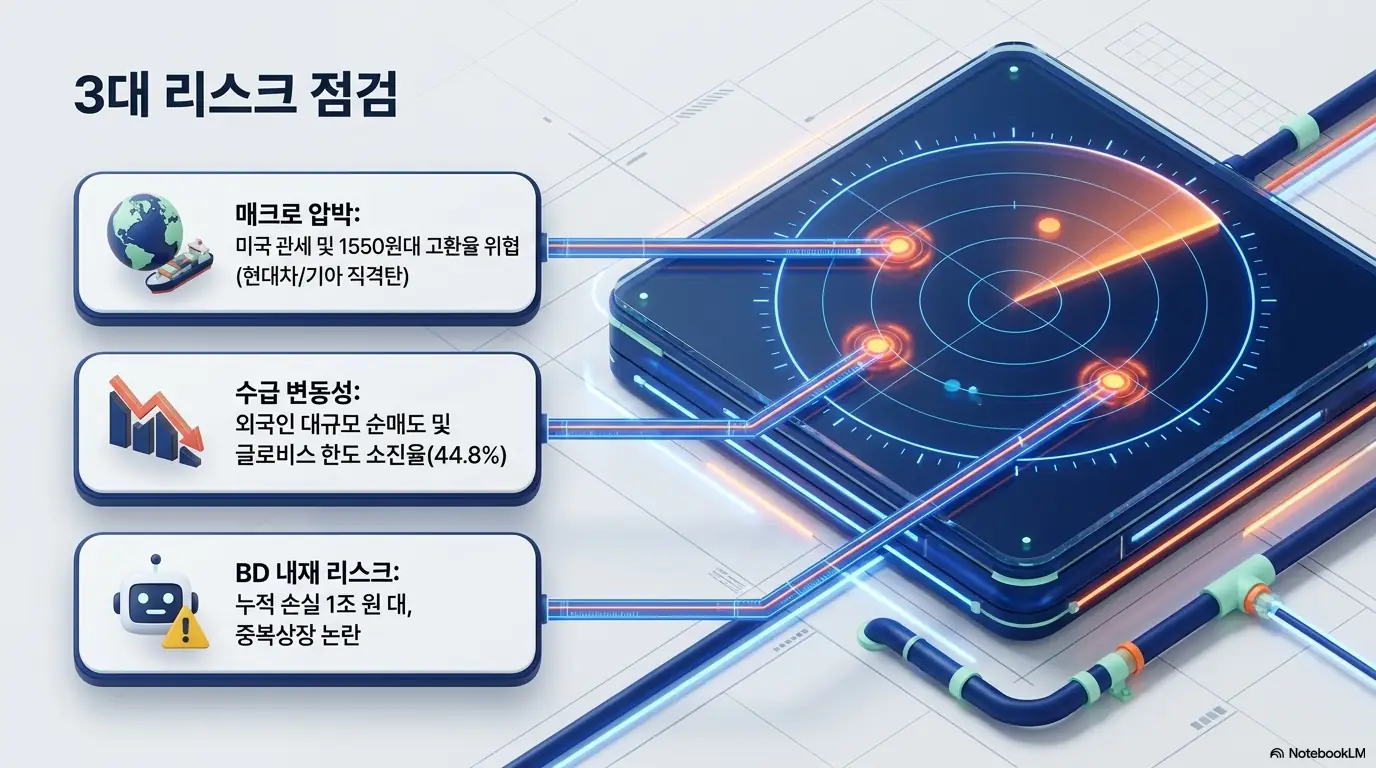 현대차그룹주 주가전망: '3대 리스크 점검'이라는 문구가 포함된 인포그래픽 이미지. 이 이미지는 미국 관세와 고환율, 외국인 순매도 수급 변동성, 보스턴다이내믹스 누적 손실과 중복상장 논란이라는 세 가지 리스크를 시각적으로 전달하며, 블로그의 현대차그룹주 리스크 분석과 관련된 내용을 설명함