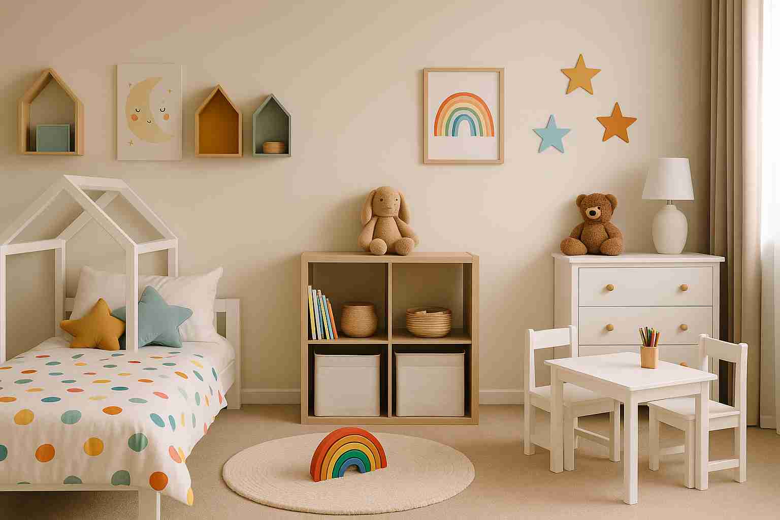 베이지 톤의 미니멀한 아이방. 무지개 장난감과 별 모양 벽 장식, 작은 책상과 의자, 아기 침대와 인형이 정돈되어 있다. 벽에는 달, 무지개, 별 등 따뜻한 색감의 아트워크가 걸려 있으며, 아늑하고 정갈한 분위기를 자아낸다.