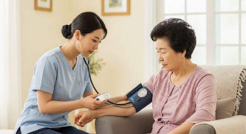 간호사가 혈압을 체크하는 모습, 웃는 장면