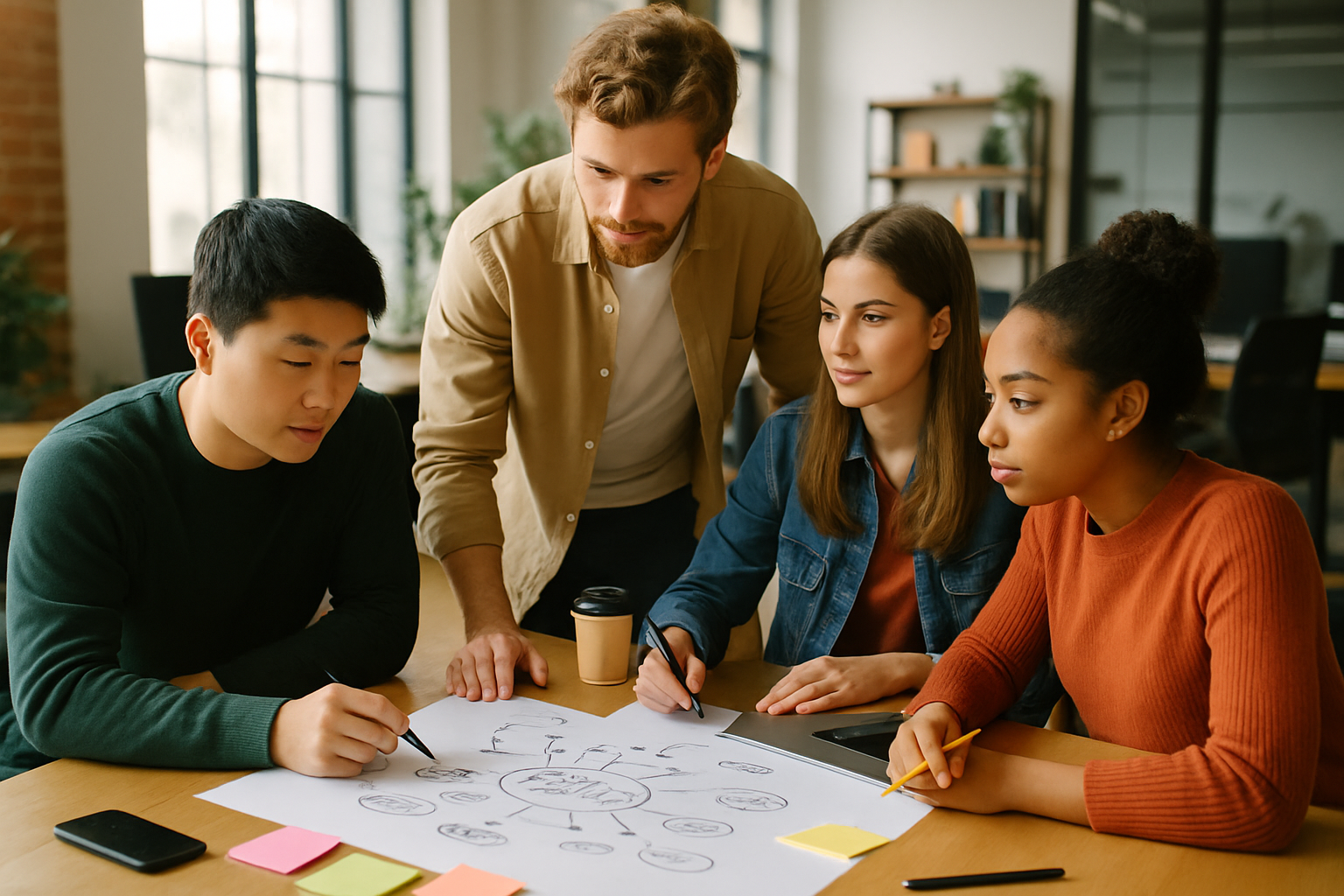 청년 창업가들이 사무실에서 아이디어 회의하는 모습