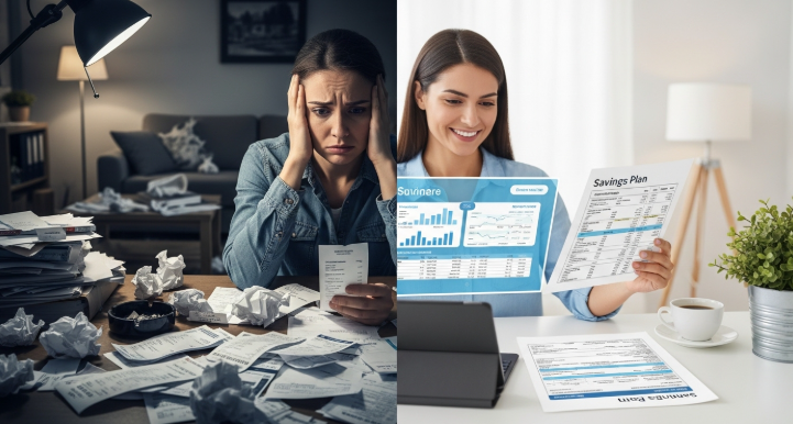 한쪽은 돈 문제로 스트레스받는 사람, 다른 쪽은 재정 계획을 보고 미소 짓는 사람을 대비시켜 재정 상태에 따른 정신 건강 변화를 보여줍니다.