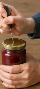 뚜껑 중심을 송곳으로 뚫어 공기 주입 