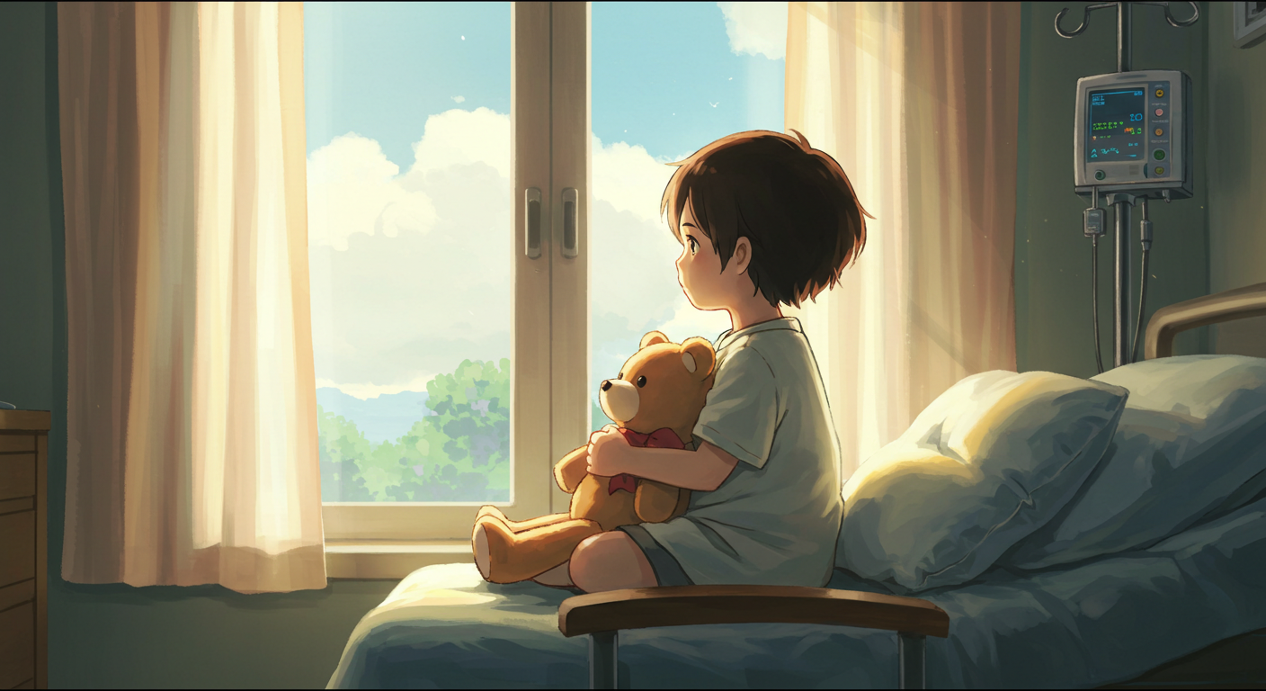 병실 창가에서 곰인형을 안고 있는 아이