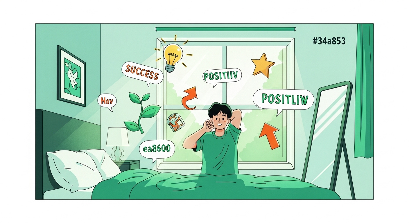 햇살 가득한 아침, 침대에서 일어나 거울을 보며 긍정적인 성공 확언을 되뇌는 활기찬 사람의 모습. 성공, 성장, 자신감을 상징하는 단어들이 떠다니는 밝고 희망찬 분위기.