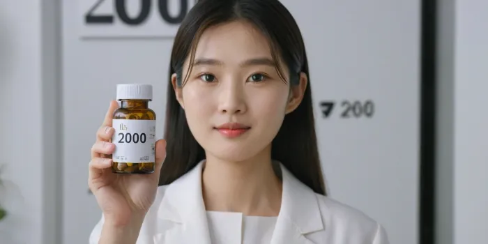 작은 비타민 병을 손에 쥐고 보여주는 장면