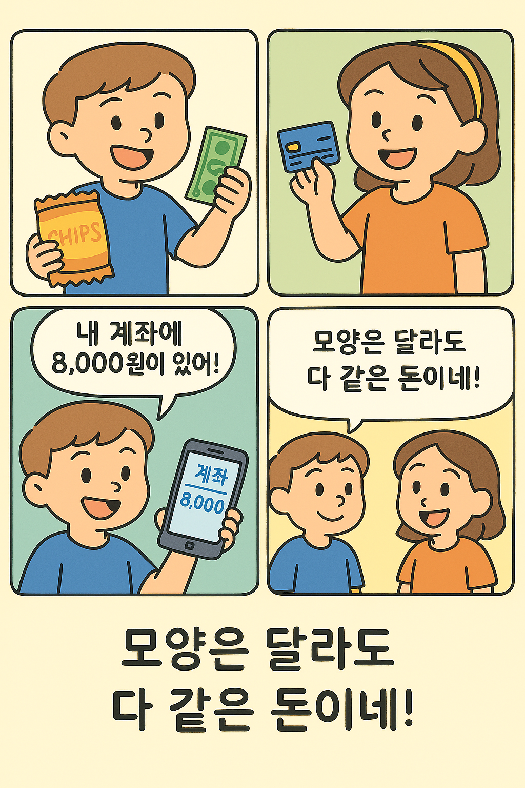 초등학생 대상 돈의 종류 설명, 
현금 지폐로 과자 사는 장면
체크카드로 계산하는 장면
스마트폰으로 은행 계좌 확인
친구끼리 “다 같은 돈”이라고 이야기하며 정리