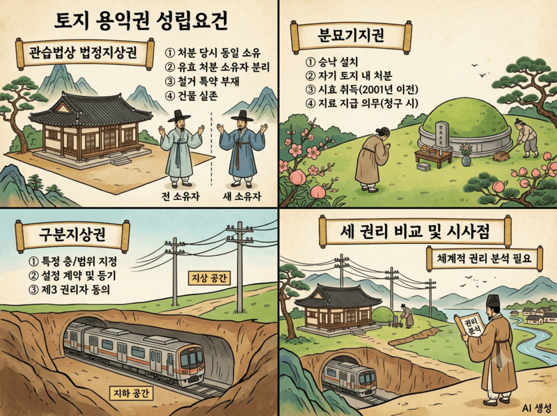 토지용익권과 관습법상법정지상권, 구분지상권, 분묘기지권