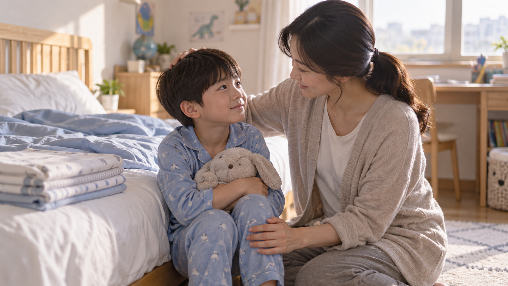 침실에서 젖은 침구를 아이와 함께 조용히 정리하는 부모의 실제 상황