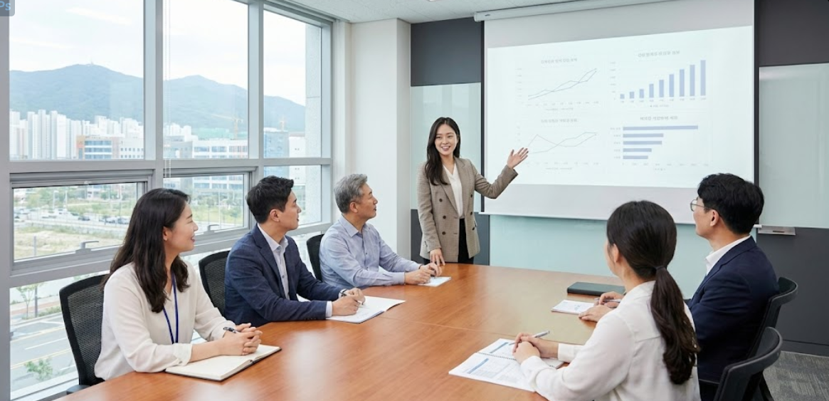 깔끔한 지방 중견기업 사무실에서 동료들과 회의하는 여성