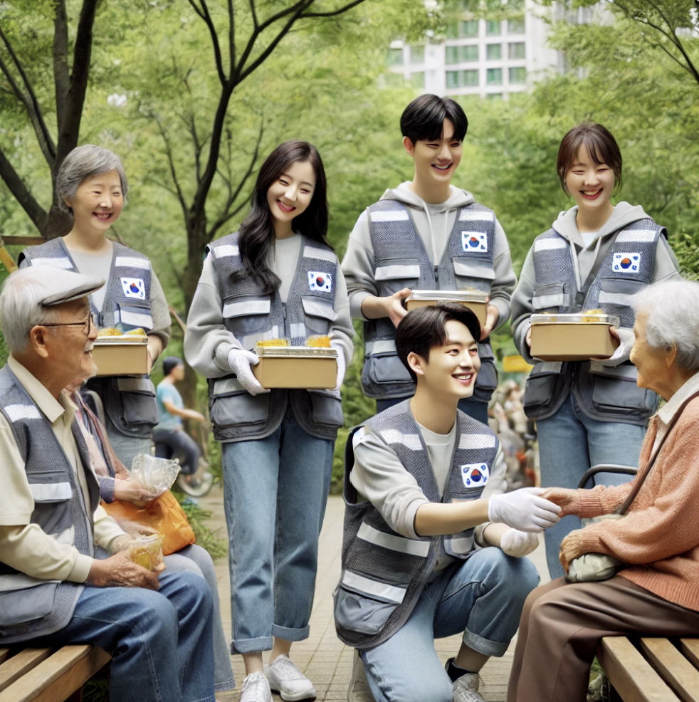 공원에서 어르신을 돋는 자원봉사자들