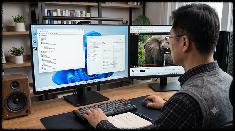 Windows 11 장치 관리자와 작업 관리자에서 오디오 그래픽 드라이버와 PC 성능을 확인하는 모습