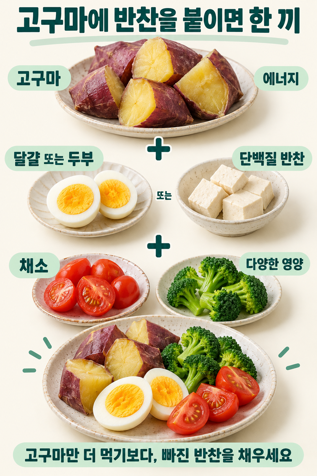 고구마만 늘리기보다 달걀 또는 두부 반찬과 채소를 곁들이는 실사 식사 구성. 완성 접시는 달걀을 선택한 예.
