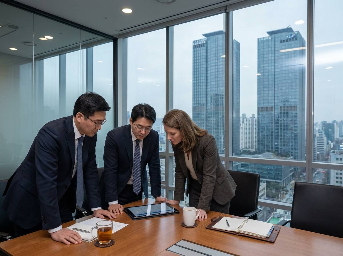 서울 도심의 고층 빌딩 사무실에서 삼성전자 경영진과 외국인 여성 임원이 태블릿을 보며 심각하게 논의하는 장면