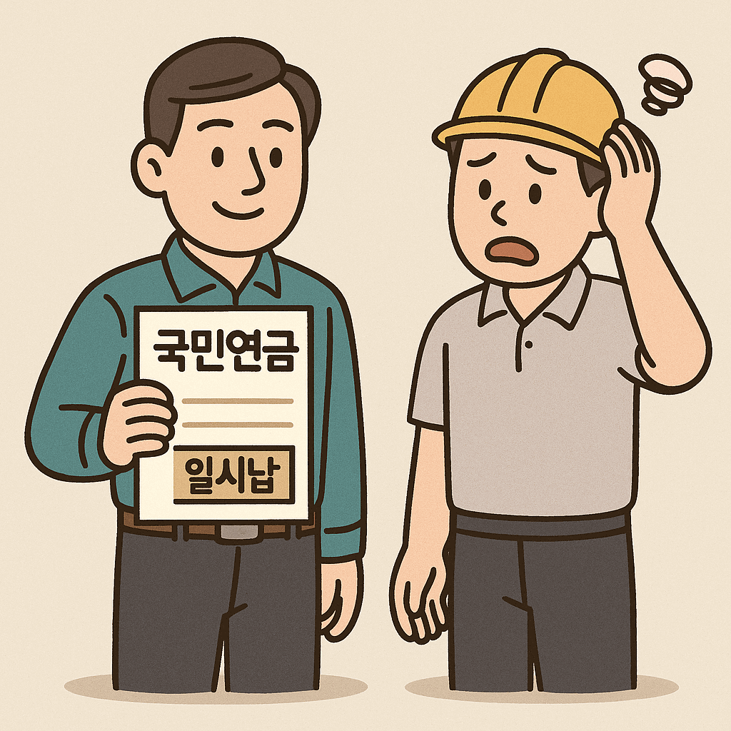 국민연금 임의계속가입 또는 일시납에 대해 유의사항을 설명하고 있는 관리자의 모습을 시각적으로 표현한 일러스트 이미지