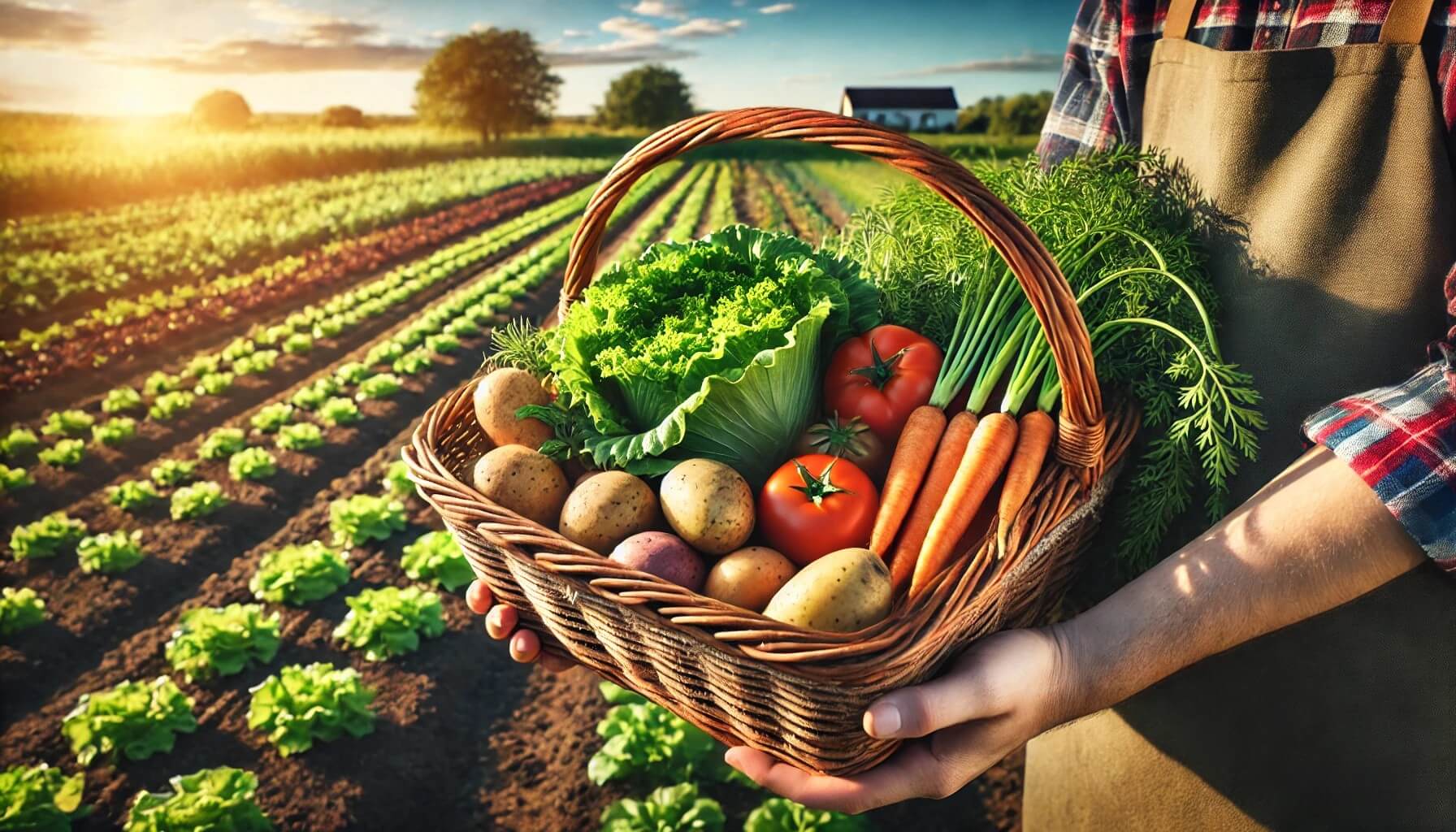 수확한 작물을 바구니에 담아 정리하는 모습