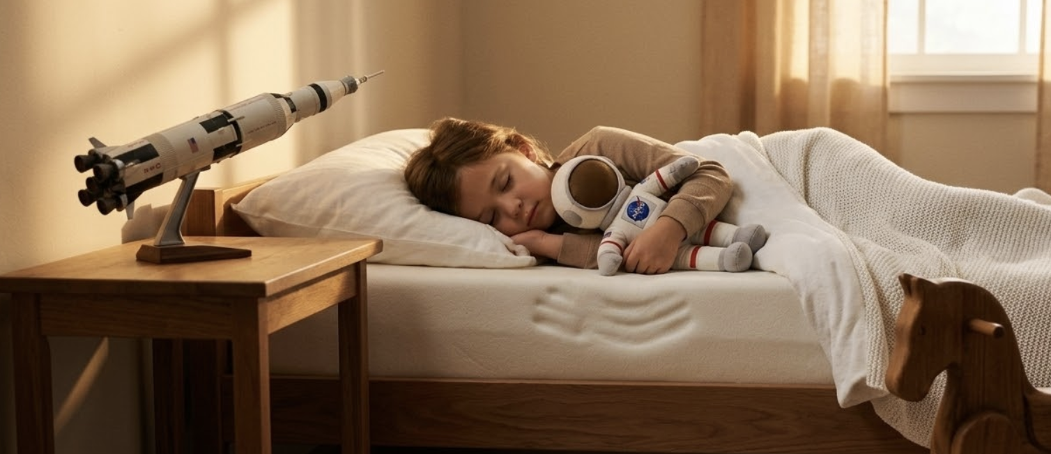따뜻한 햇살이 비추는 포근한 메모리폼 침대에서 잠든 아이의 모습. 아이의 곁에는 NASA 기술의 기원을 상징하는 우주선 모형과, 의족 기술의 희망을 상징하는 말 장난감이 함께 놓여 있다.