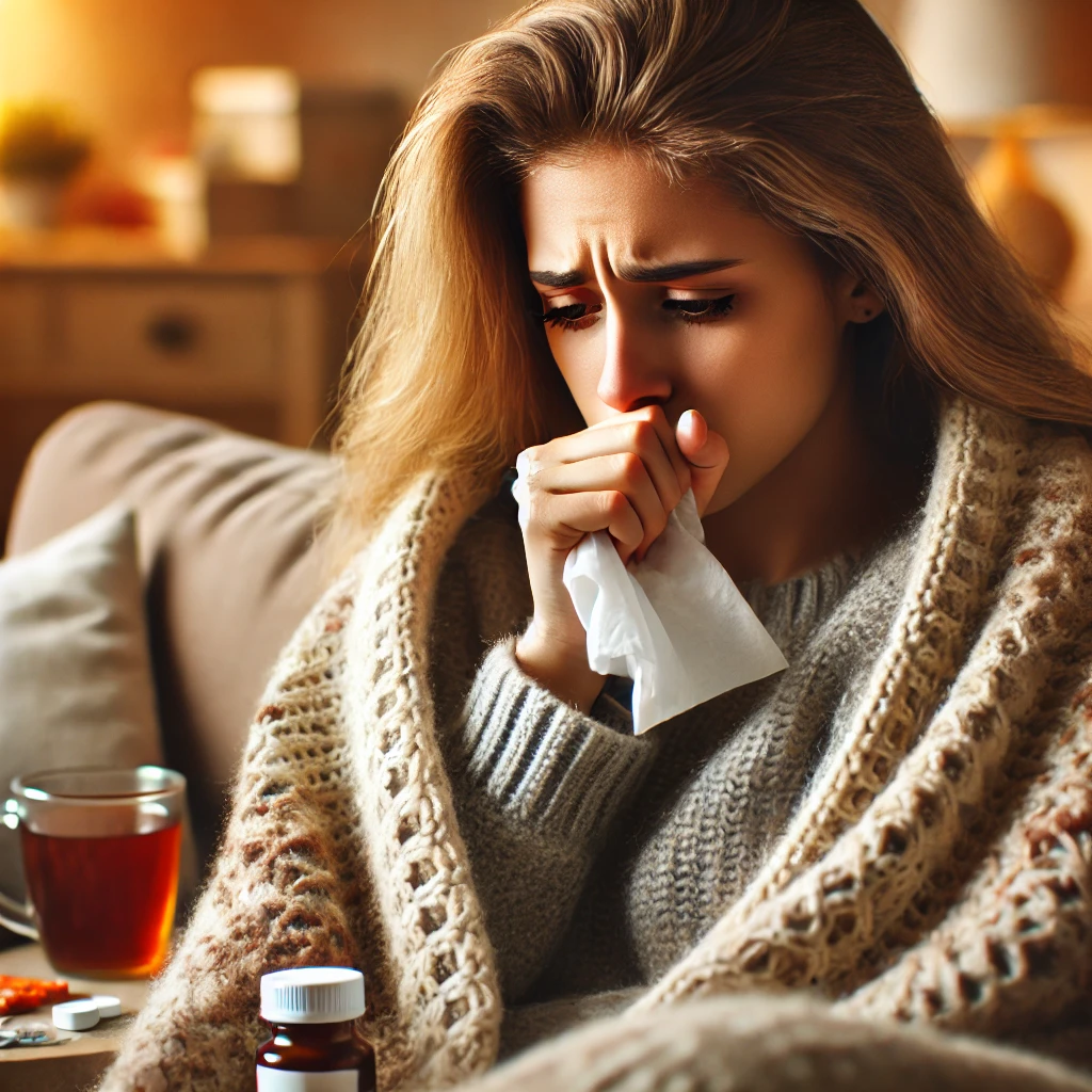 독감에 걸린 여성이 기침하며 힘들어하는 모습