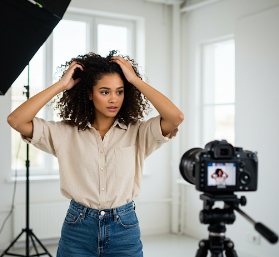 인플루언서가 여행하며 카메라 앞에서 헤어관리 하는 모습