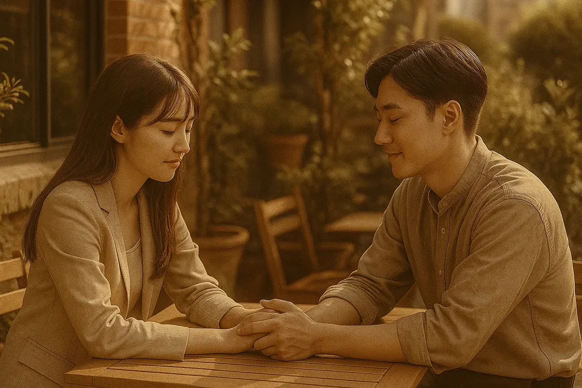 서로의 손을 잡고 조용히 마주 앉은 연인