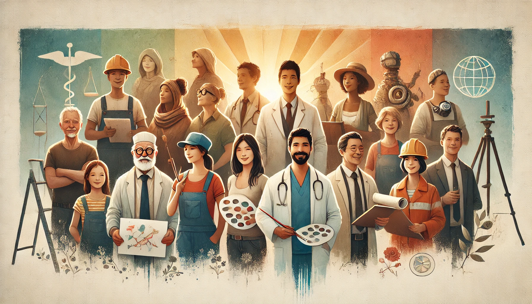 다양한 직업군(의사, 예술가, 엔지니어 등)이 나열된 일러스트