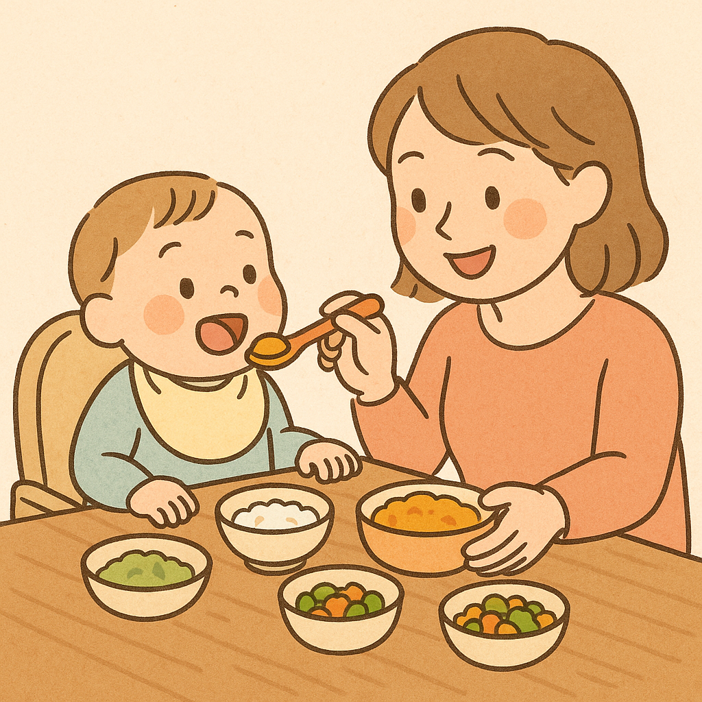 초기부터 완료기까지 다양한 이유식을 앞에 둔 아기와 엄마의 따뜻한 식사 장면