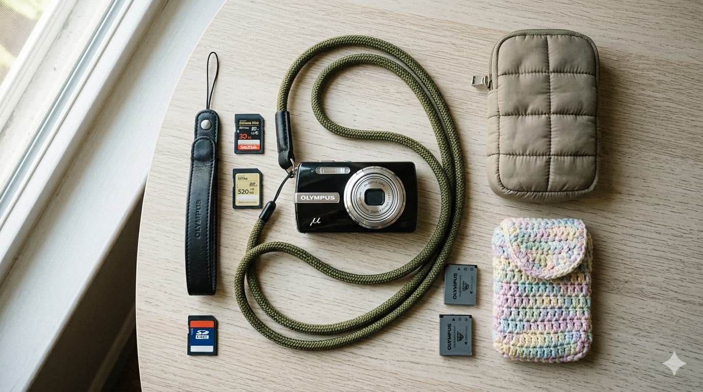 나무 바닥 위에 올림푸스 뮤 빈티지 디카와 초록색 로프 스트랩, 가죽 핸드 스트랩, 퀼팅 파우치, 코바늘 뜨개질 파우치가 나란히 배치된 고화질 이미지.