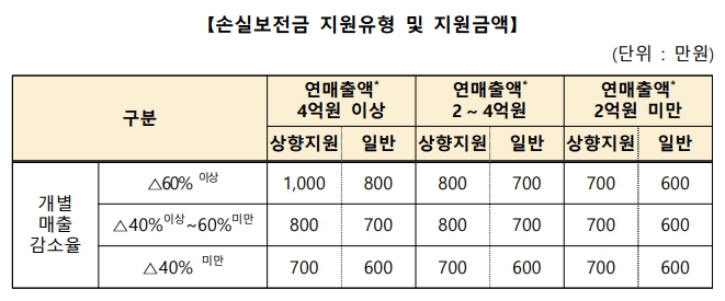 손실보전금 지원유형 및 지원금액