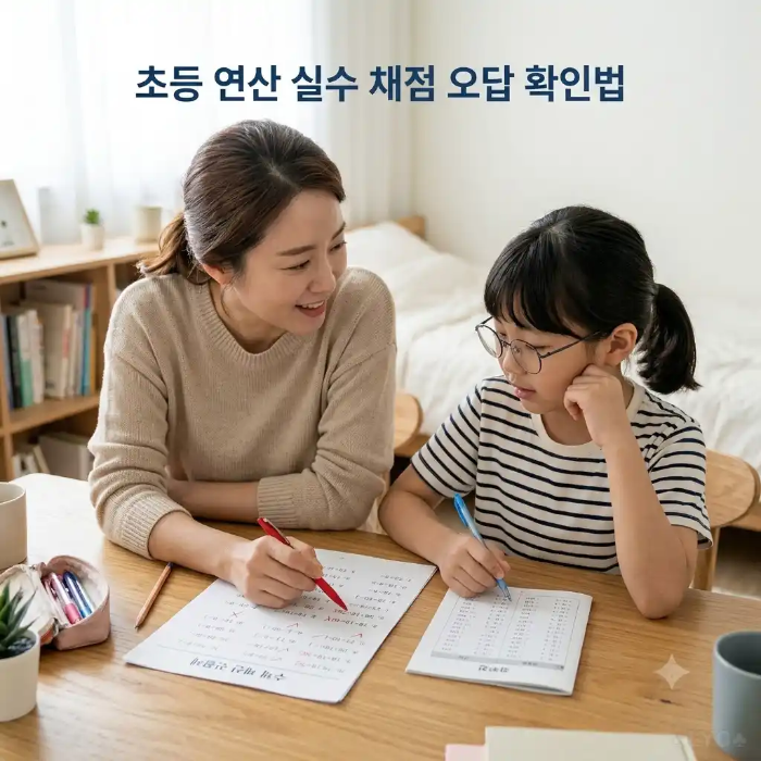 초등 연산 문제지를 풀고 정답지를 확인하며 오답 유형을 구분
