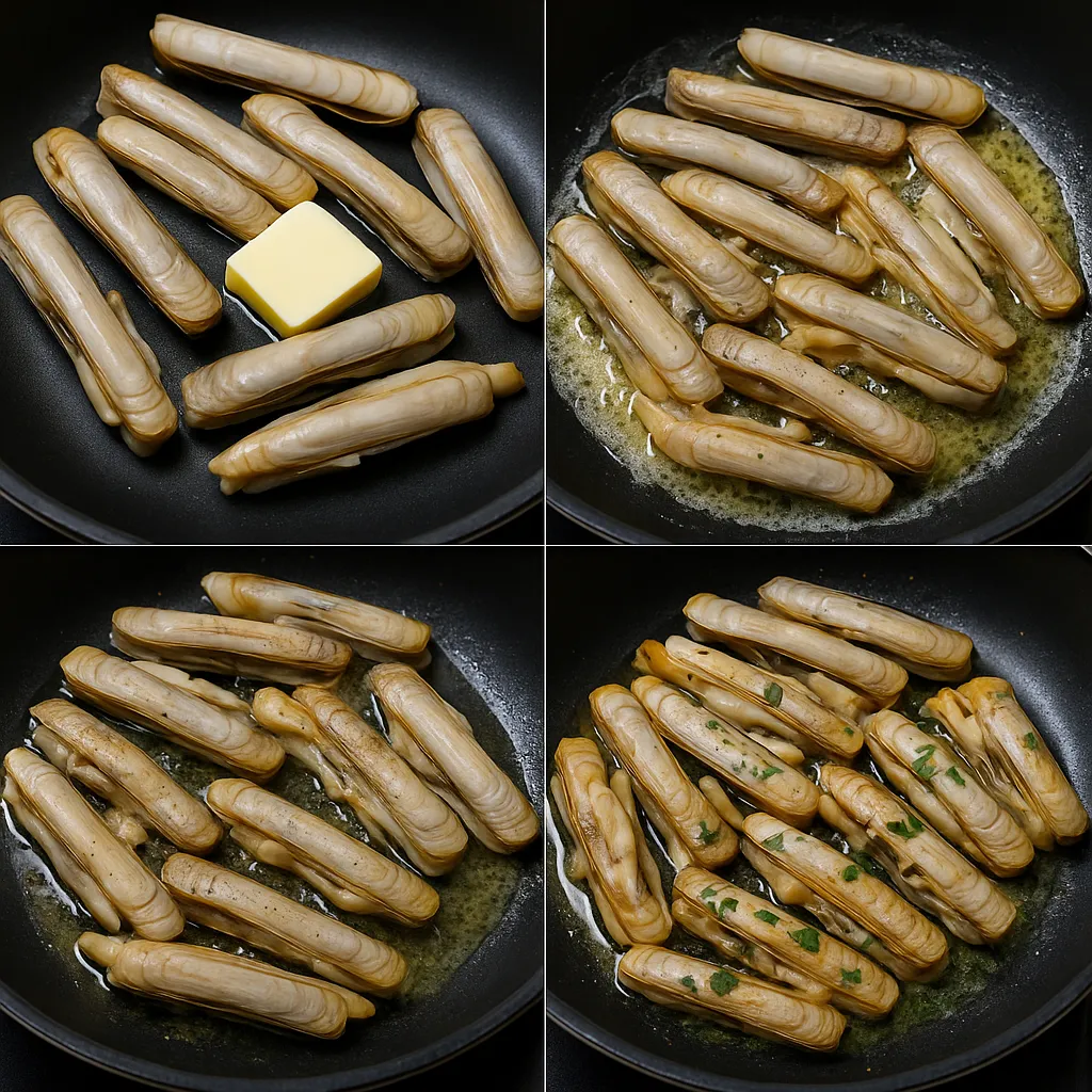 팬에서 맛조개를 버터에 굽는 4단계 요리 과정